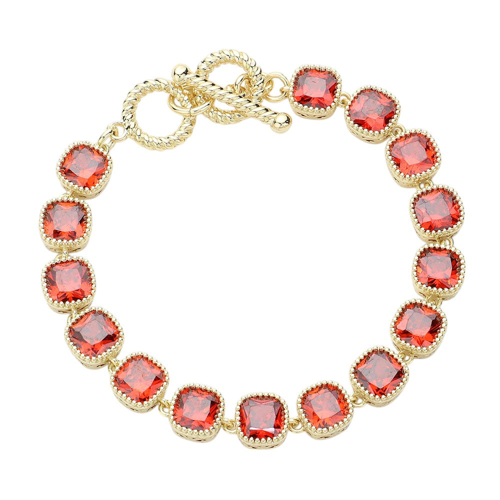 14K Gold Plated Square CZ Stone Link Evening Toggle Bracelet