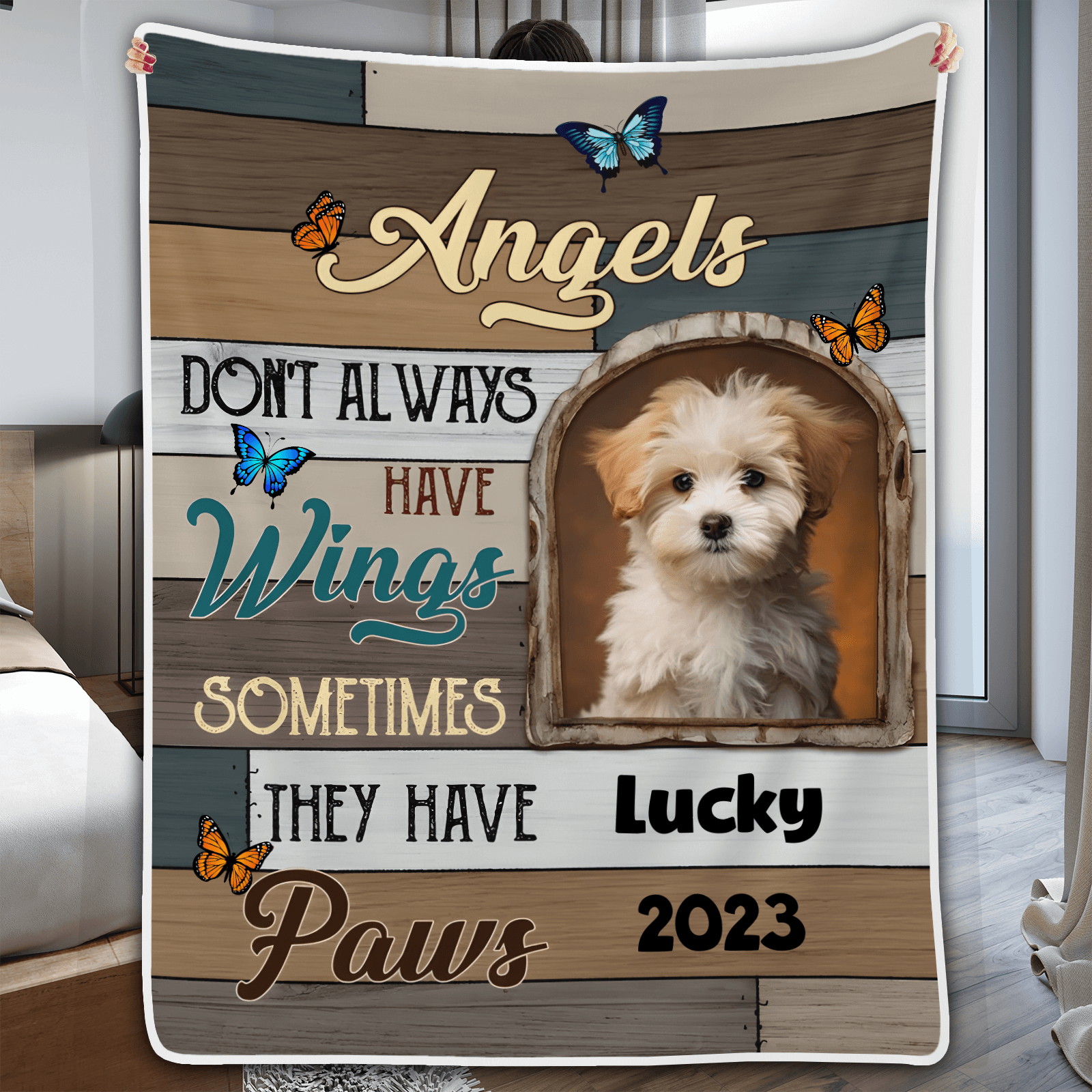 Custom Photo Memorial Angels Sometimes They Have Paws | Personalized Sympathy Gifts for Pet Lovers, Dog Mom, Dog Dad, Cat Mom, Cat Dad | Blanket