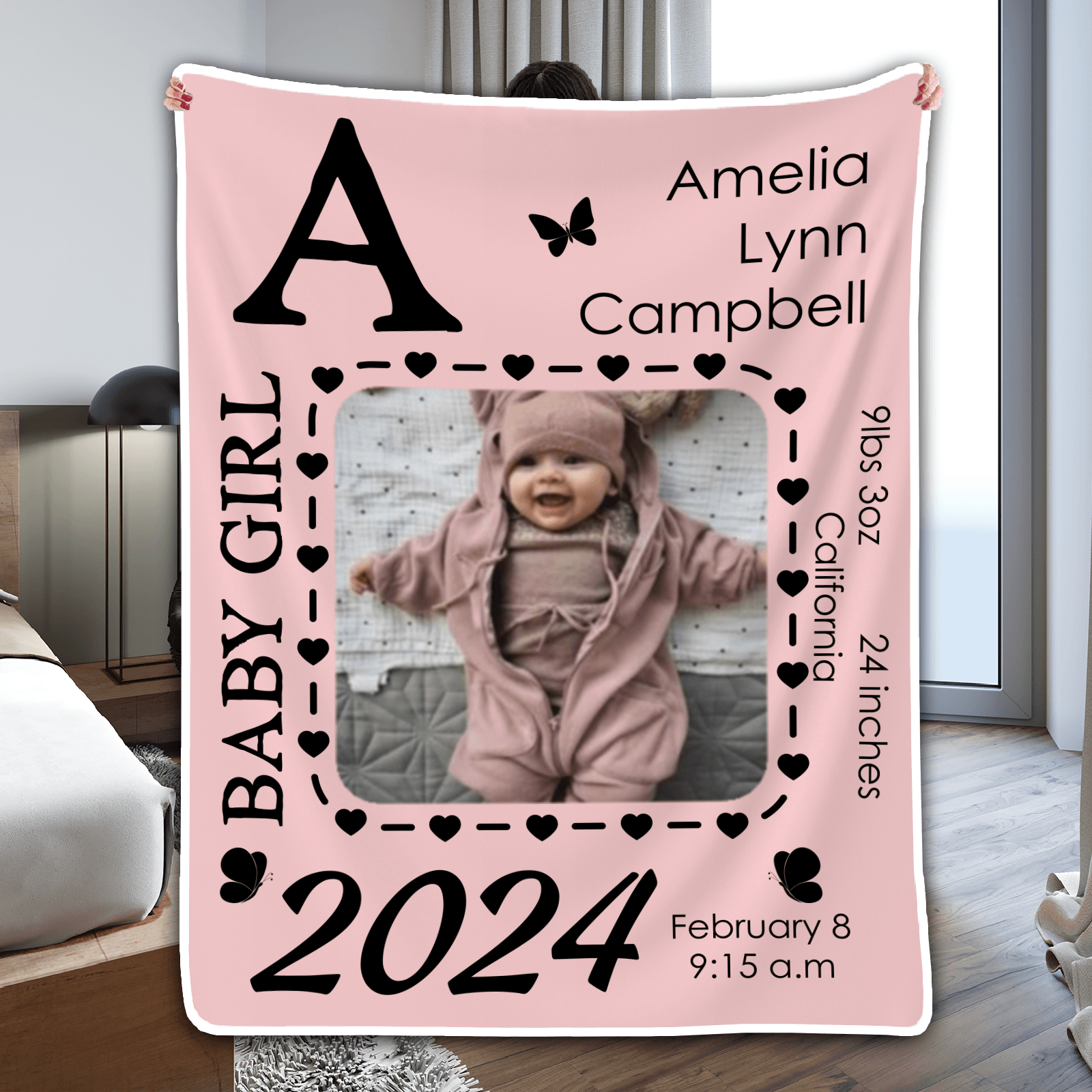 Customized Newborn Photo Blanket - Personalized Gift with Name & Picture - Gift for New Infant, Baby Girl, Boy, Granddaughter, Grandson