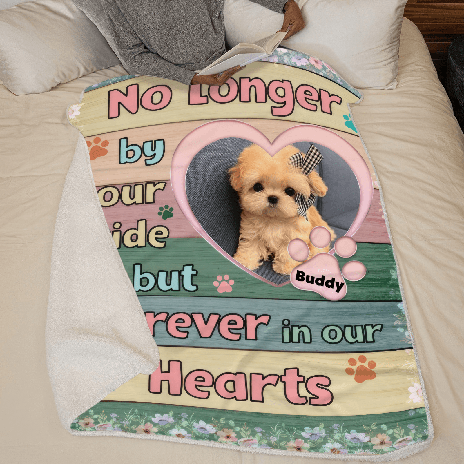 Custom Photo No Longer By Our Side But Forever In Our Hearts | Personalized Sympathy Gift for Pet Lovers, Dog Mom, Dog Dad, Cat Mom, Cat Dad | Blanket