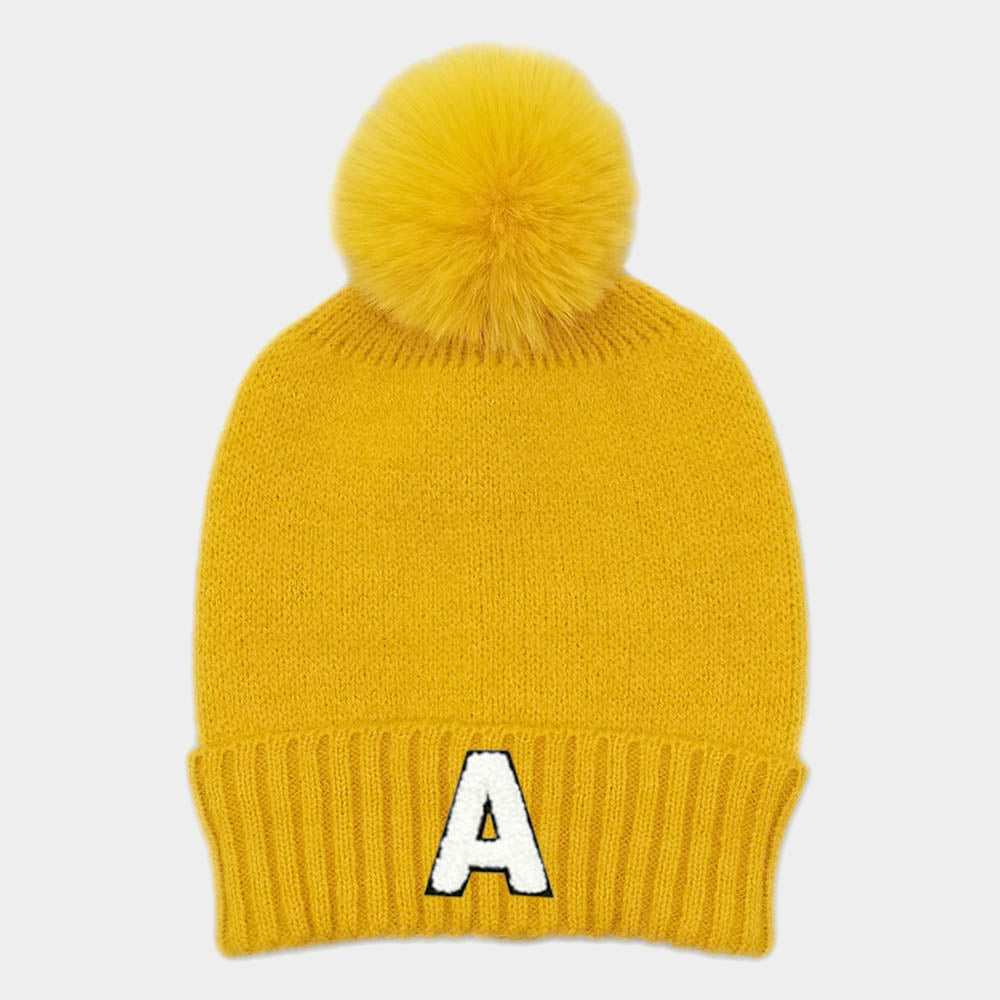 -A- Initial Monogram Faux Fur Pom Pom Knit Beanie Hat