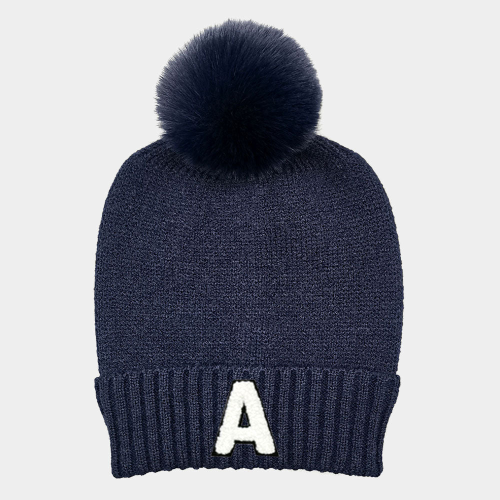 -A- Initial Monogram Faux Fur Pom Pom Knit Beanie Hat