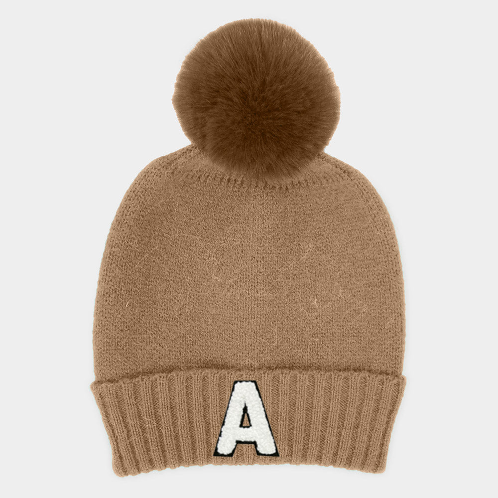 -A- Initial Monogram Faux Fur Pom Pom Knit Beanie Hat