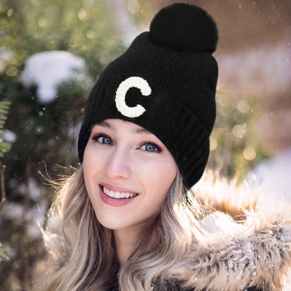 -C- Initial Monogram Faux Fur Pom Pom Knit Beanie Hat