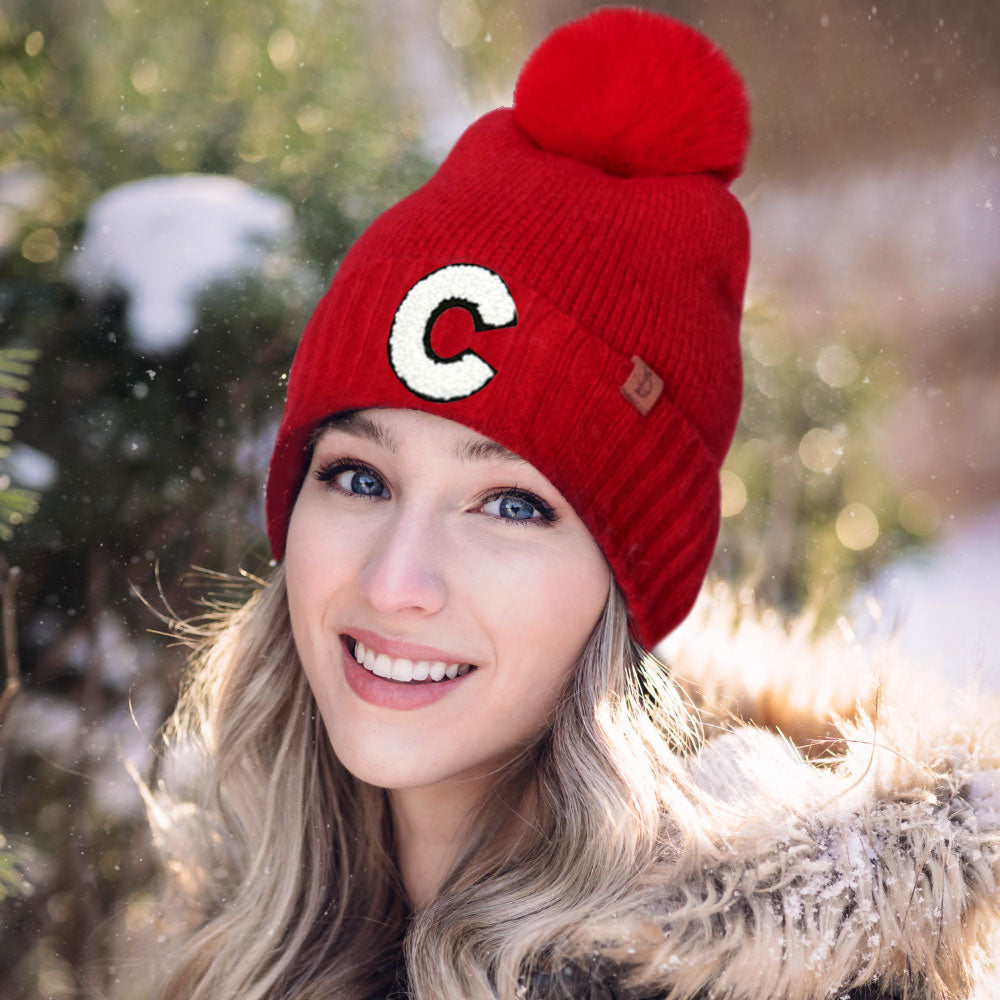 -C- Initial Monogram Faux Fur Pom Pom Knit Beanie Hat