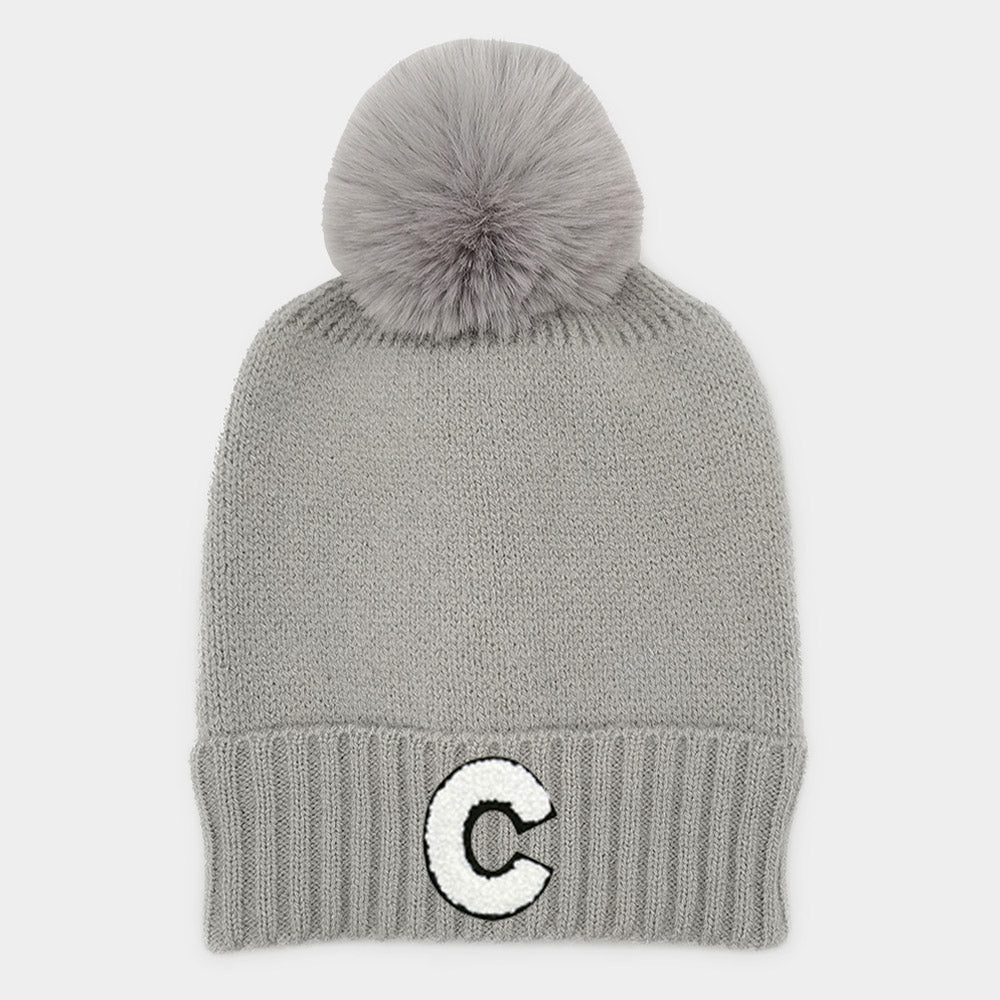 -C- Initial Monogram Faux Fur Pom Pom Knit Beanie Hat