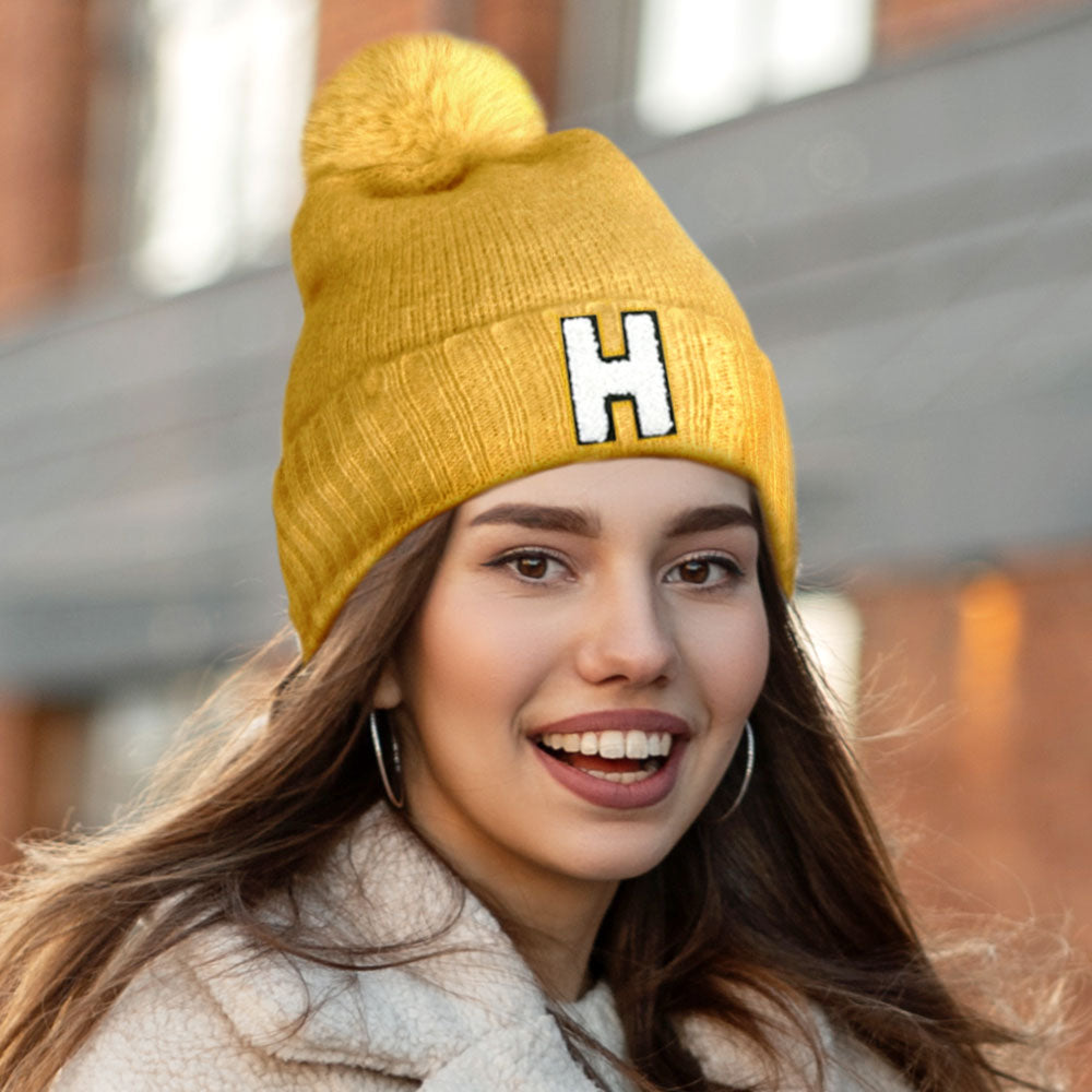-H- Initial Monogram Faux Fur Pom Pom Knit Beanie Hat