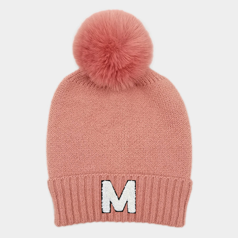 -M- Initial Monogram Faux Fur Pom Pom Knit Beanie Hat