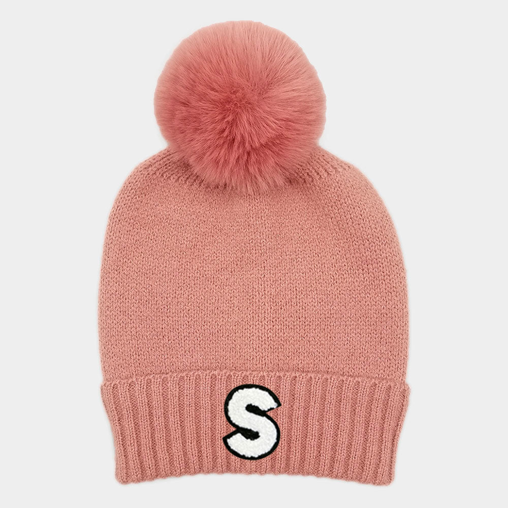 -S- Initial Monogram  Faux Fur Pom Pom Knit Beanie Hat