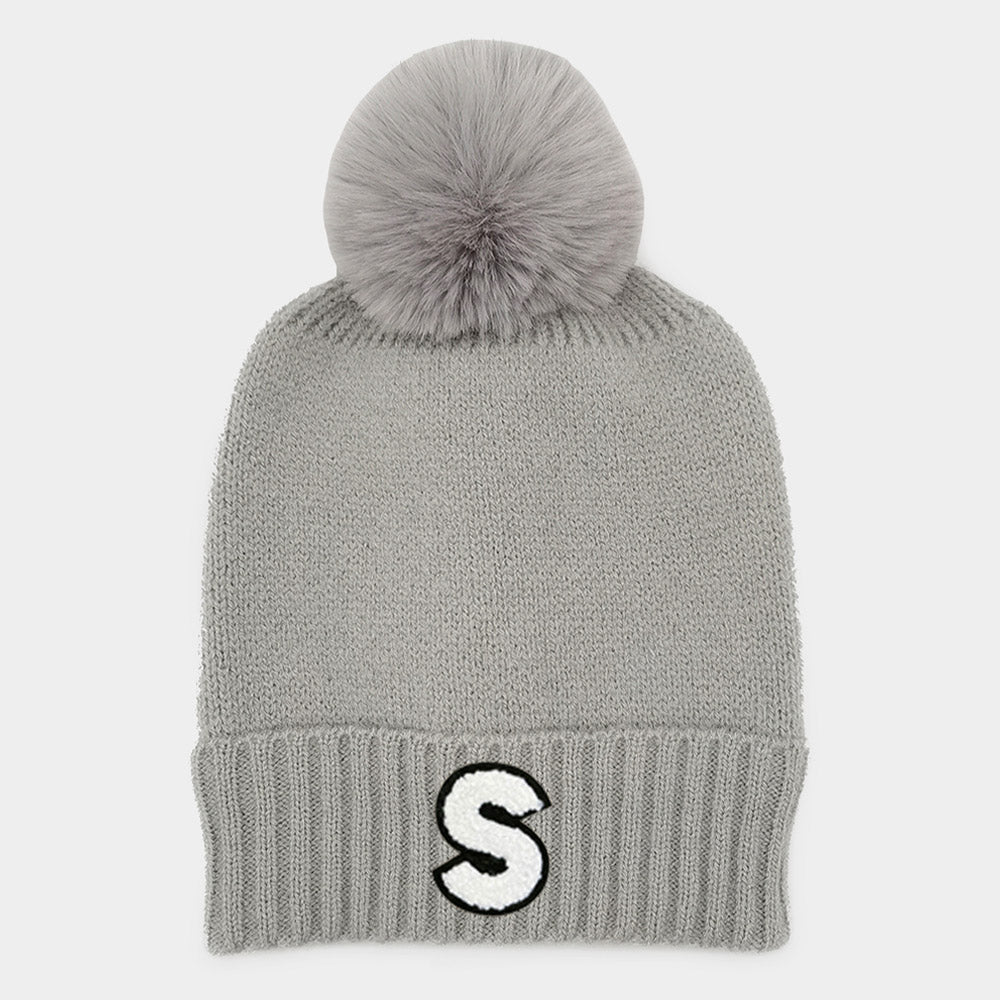 -S- Initial Monogram  Faux Fur Pom Pom Knit Beanie Hat