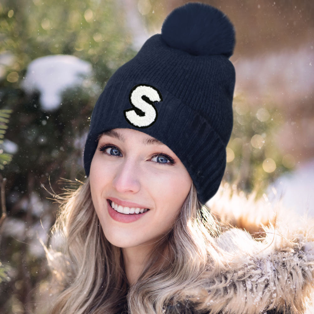 -S- Initial Monogram  Faux Fur Pom Pom Knit Beanie Hat