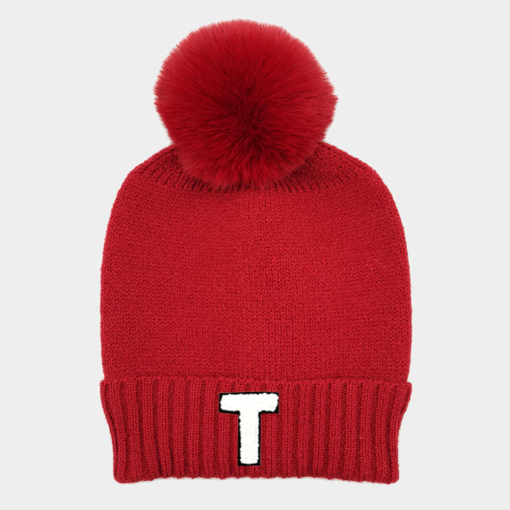 -T- Initial Monogram Faux Fur Pom Pom Knit Beanie Hat