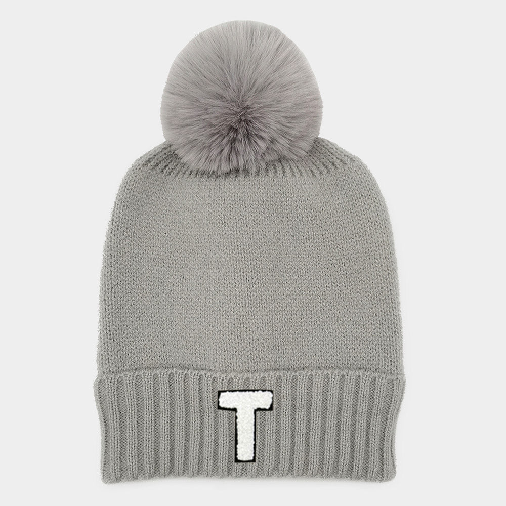 -T- Initial Monogram Faux Fur Pom Pom Knit Beanie Hat