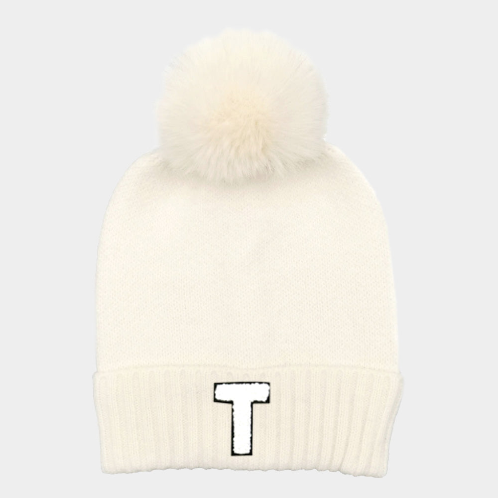 -T- Initial Monogram Faux Fur Pom Pom Knit Beanie Hat