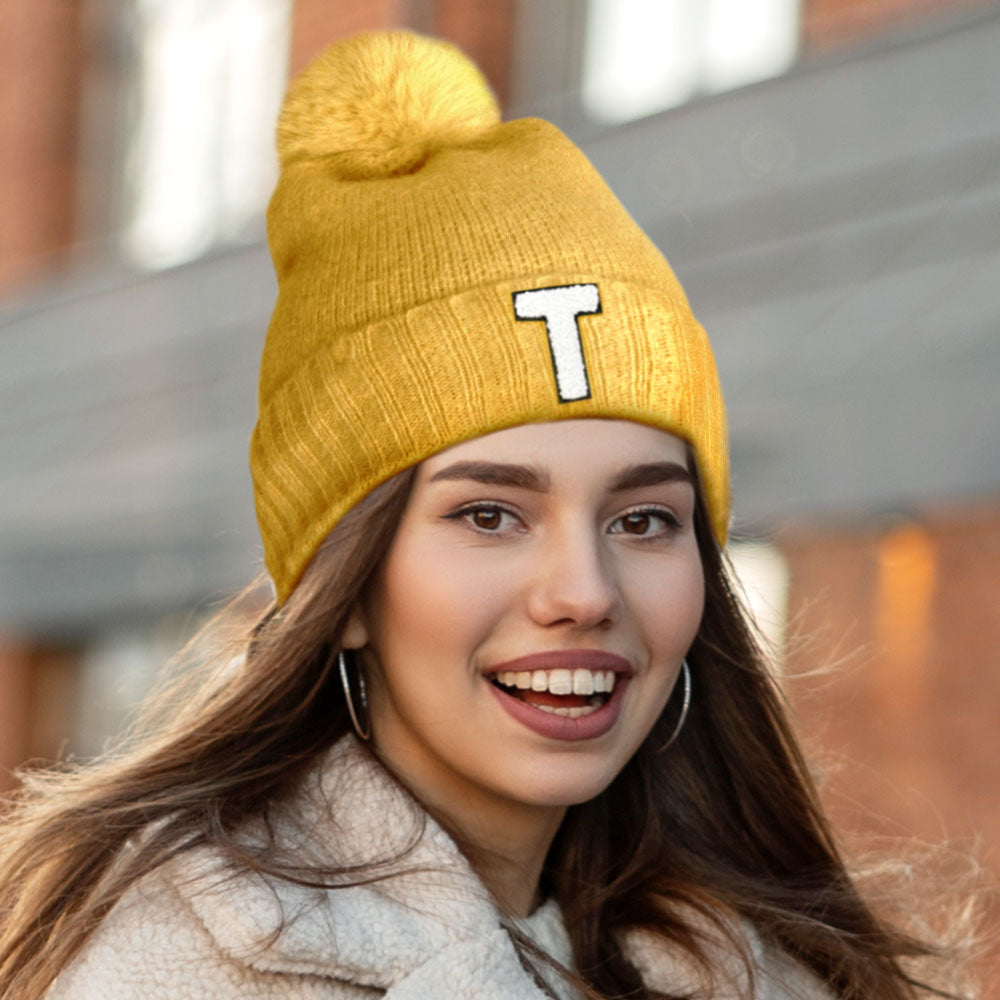 -T- Initial Monogram Faux Fur Pom Pom Knit Beanie Hat