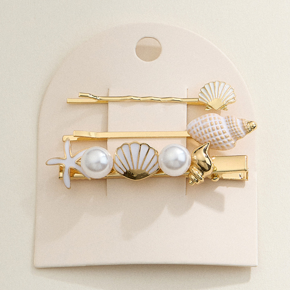 3PCS - Enamel Sea Shell Pearl Starfish Pointed Bobbi Pins Alligator Snap Hair Clips