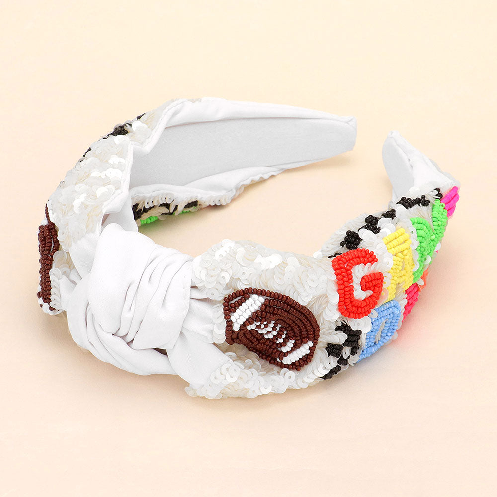 Gameday Message Football Seed Beaded Sequin Knot Headband