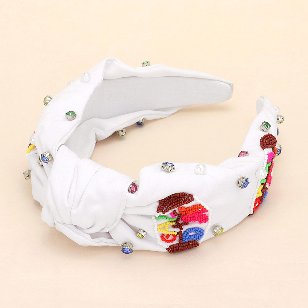 Gameday Football Seed Beaded Pearl Stone Cluster Embellished Knot Headband