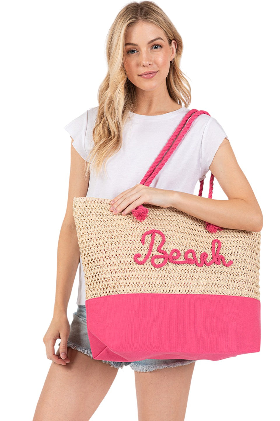 BEACH Letter Color Sewn Rope and Crochet Strap Bag