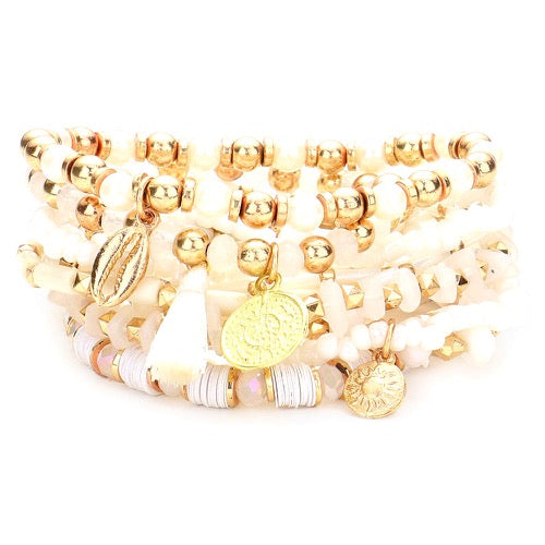 10pcs Pearl Multi Bead Puka Shell Coin Disc Tassel Charm Stretch Layered Stackable Bracelets
