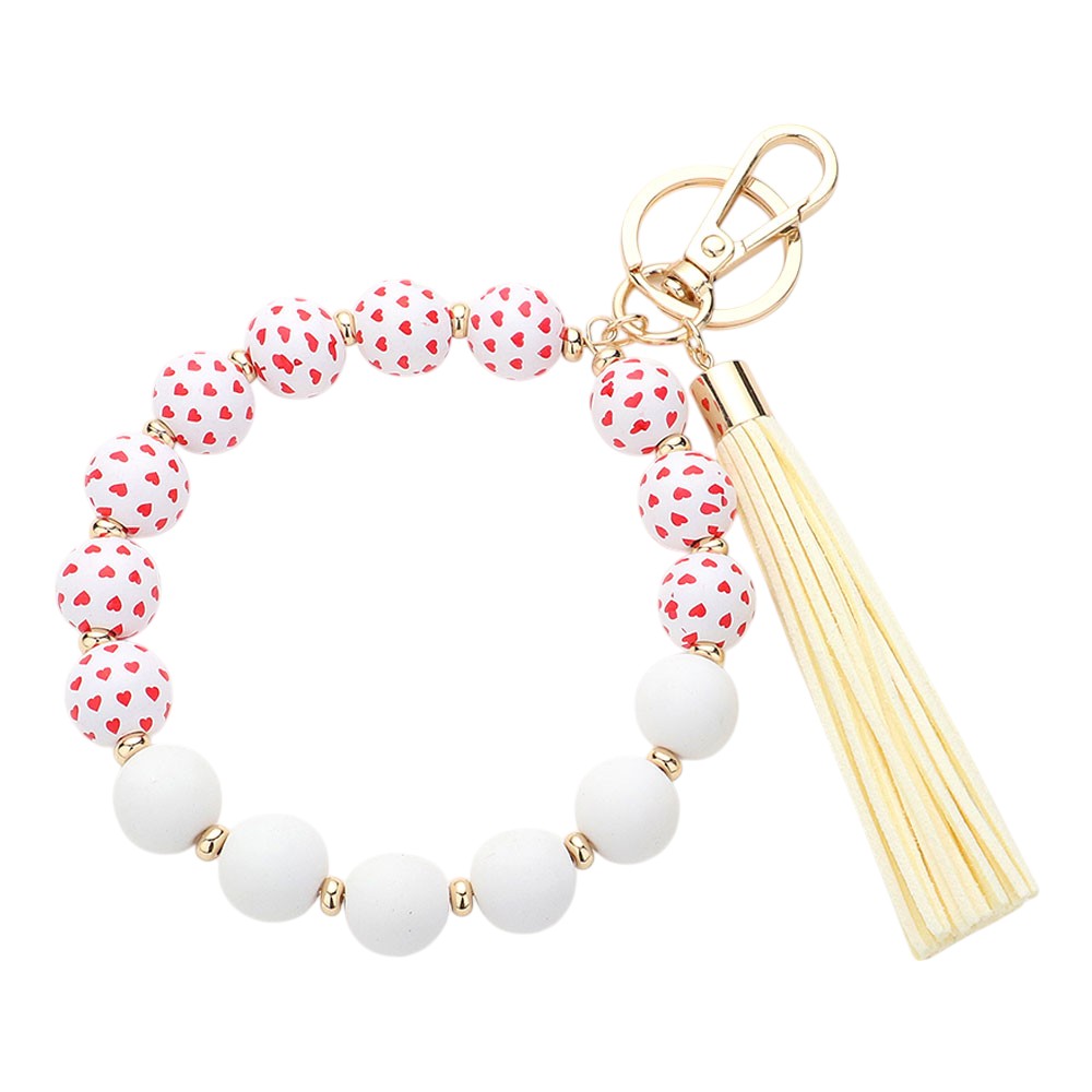 Heart Patterned Beaded Tassel Keychain  Bracelet