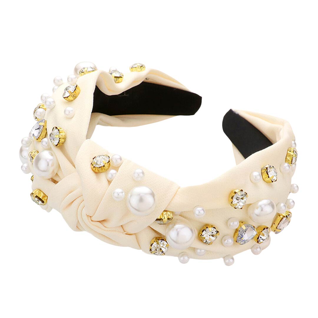 Pearl Round Stone Embellished Knot Burnout Headband
