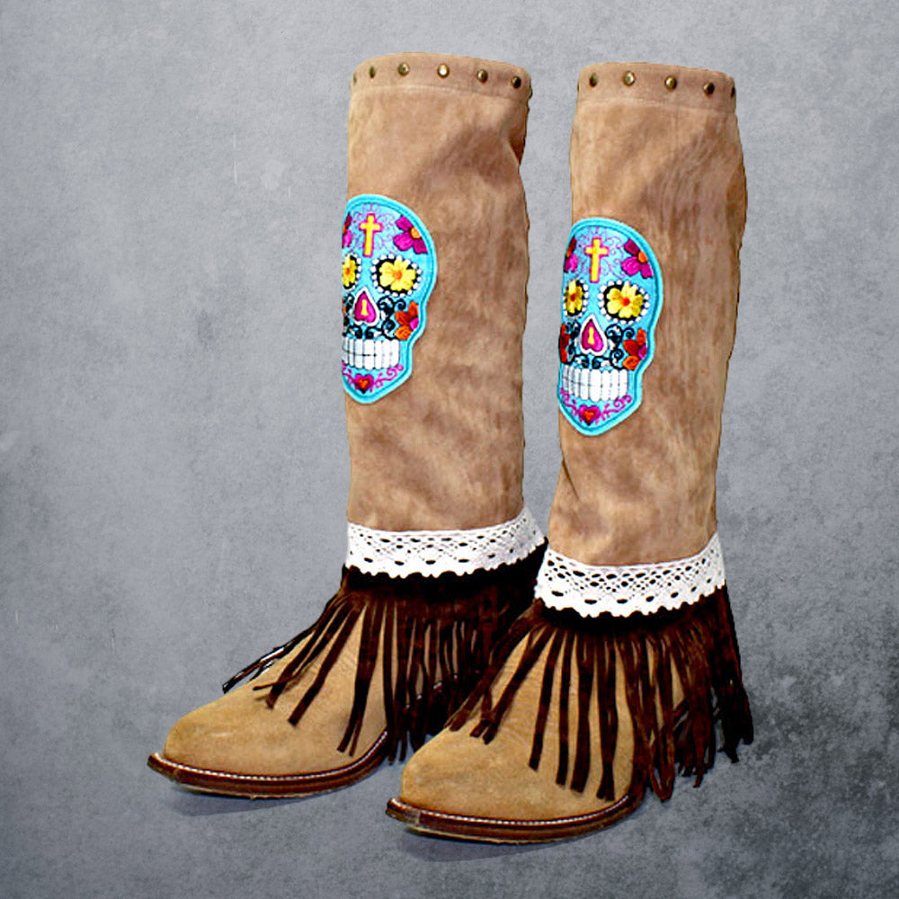 1-Pair Day of the Dead Skull Suede Fringe Boot Toppers
