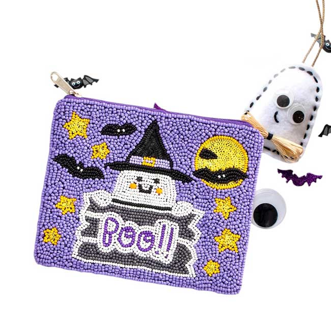 Boo Message Ghost Seed Beaded Halloween Mini Pouch Bag