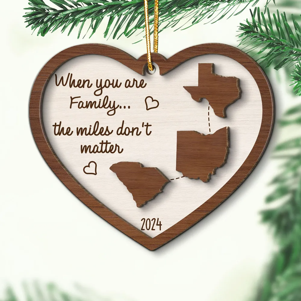 Miles Apart Long Distance Family Friendship State Map - Personalized Custom 2-layered Wood Ornament - Christmas Gift for Long Distance Family, Friendship Gift