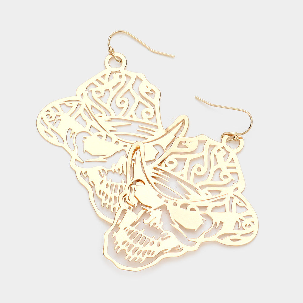 Brass Metal Cut Out Skull Dangle Earrings