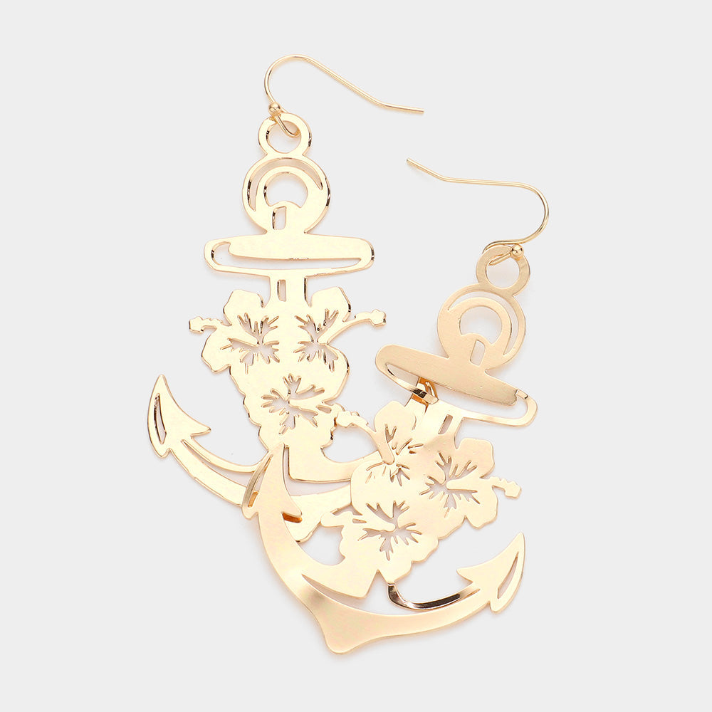 Brass Metal Cut Out Anchor Dangle Earrings