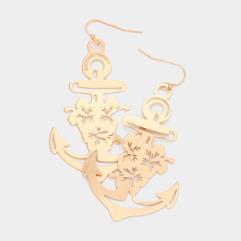 Brass Metal Cut Out Anchor Dangle Earrings