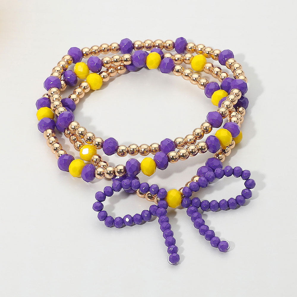 3PCS - Sports Team Theme Colored Bow Accent Faceted Beaded Stretch Multi Layered Bracelets