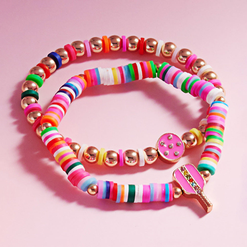 2PCS - Enamel Pickleball Charm Heishi Beaded Stretch Multi Layered Bracelets