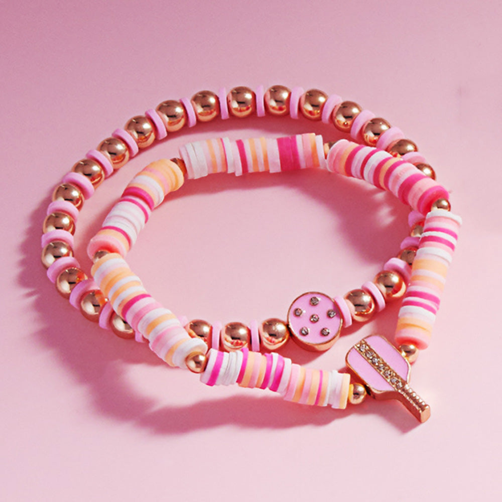 2PCS - Enamel Pickleball Charm Heishi Beaded Stretch Multi Layered Bracelets