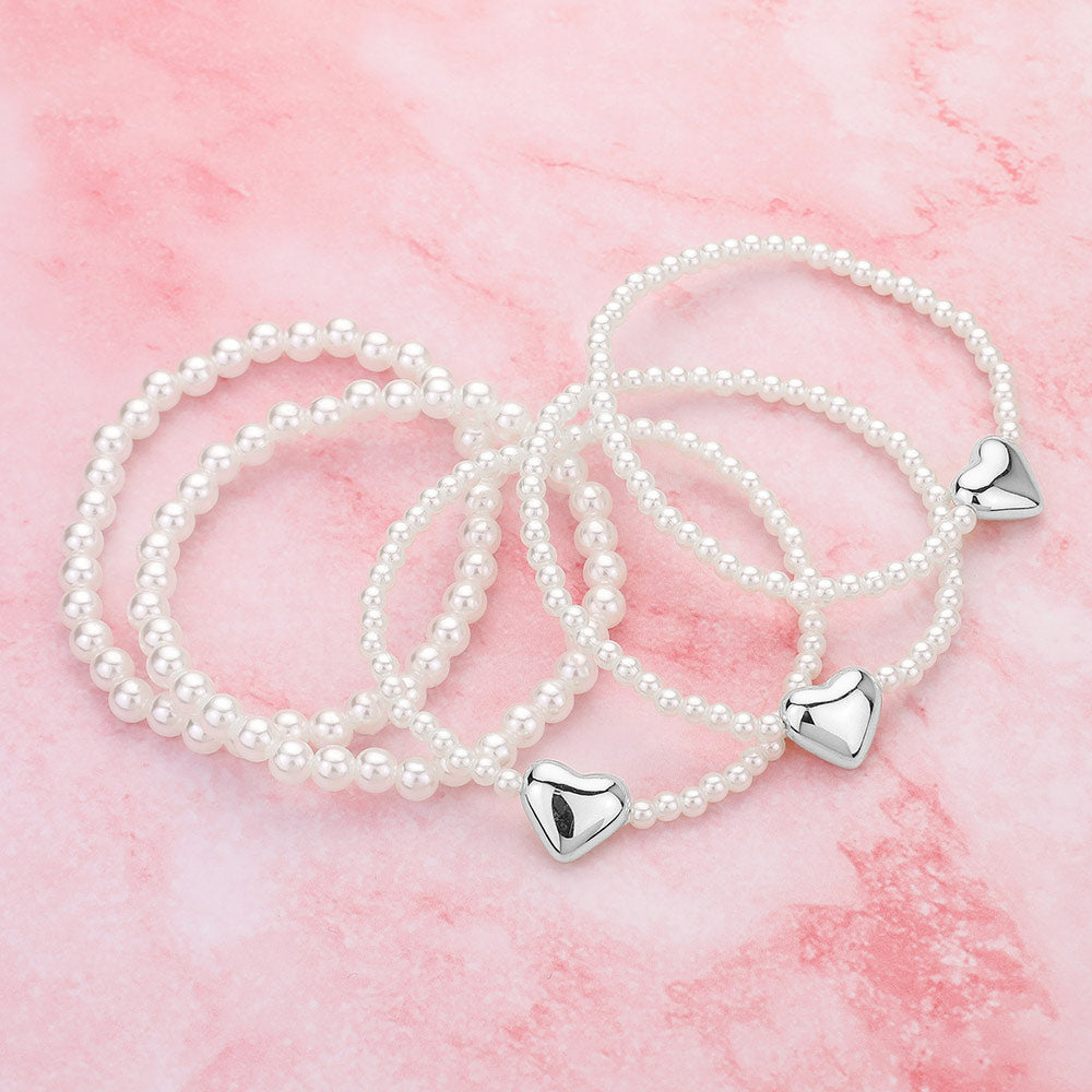 5PCS - Metal Heart Pearl Beaded Stretch Multi Layered Bracelets