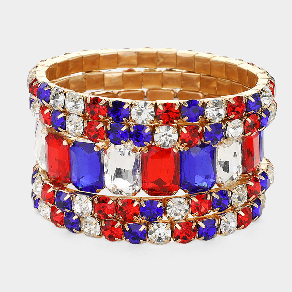 5Pcs Rectangle Round Stone Stretch Multi Layered Bracelets