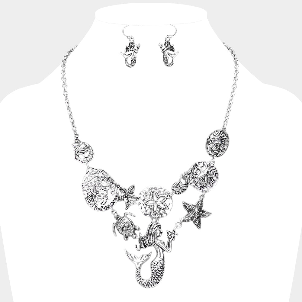Antique Metal Mermaid Sea Life Link Bib Necklace