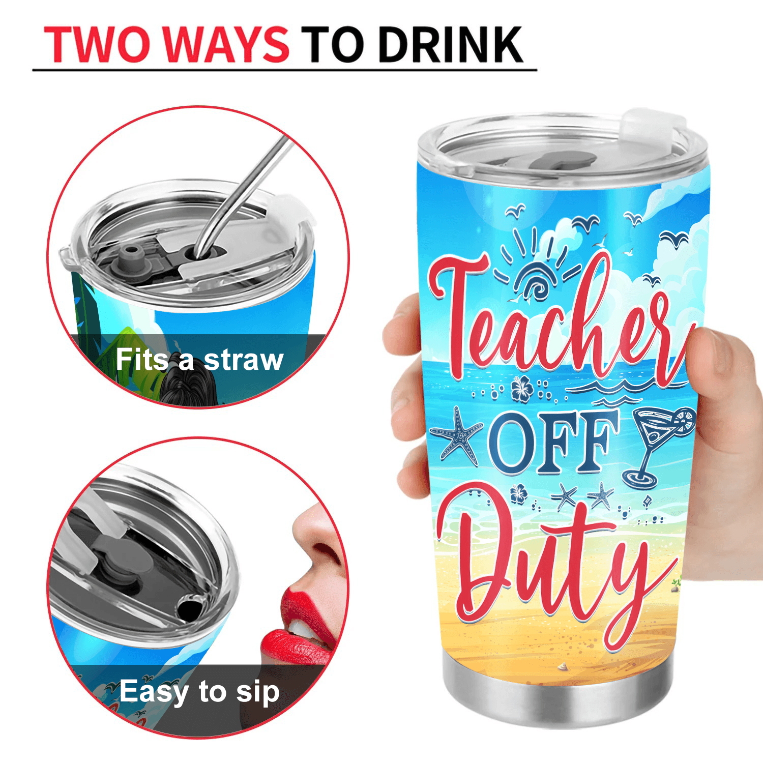 Beaching Not Teaching, Teacher Off Duty - Personalized Custom 20oz Fat Tumbler Cup - Summer Break, Last Day Of School, Birthday, Loving, Funny Gift for Teacher, Kindergarten, Preschool, Pre K, Paraprofessional