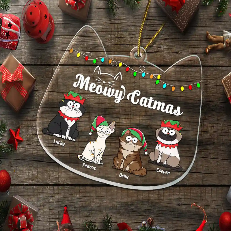Meowy Catmas Funny Cartoon Cats - Personalized Custom Shaped Acrylic Ornament - Christmas Gift For Cat Lovers, Cat Mom, Cat Dad