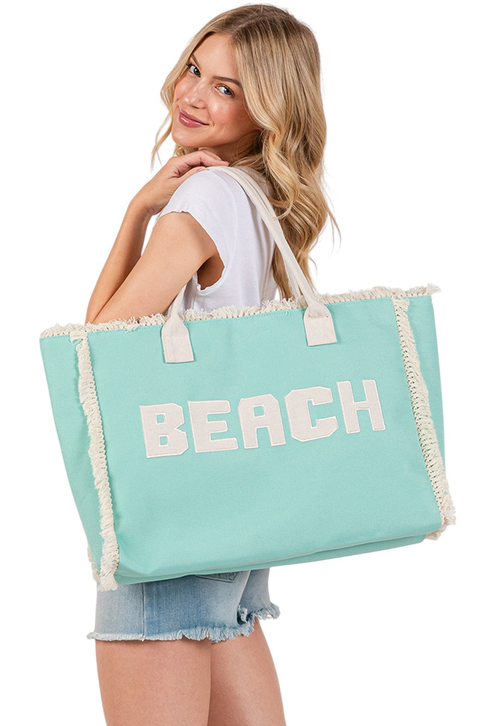 BEACH Embroidered Letter Fringe Summer Tote Bag