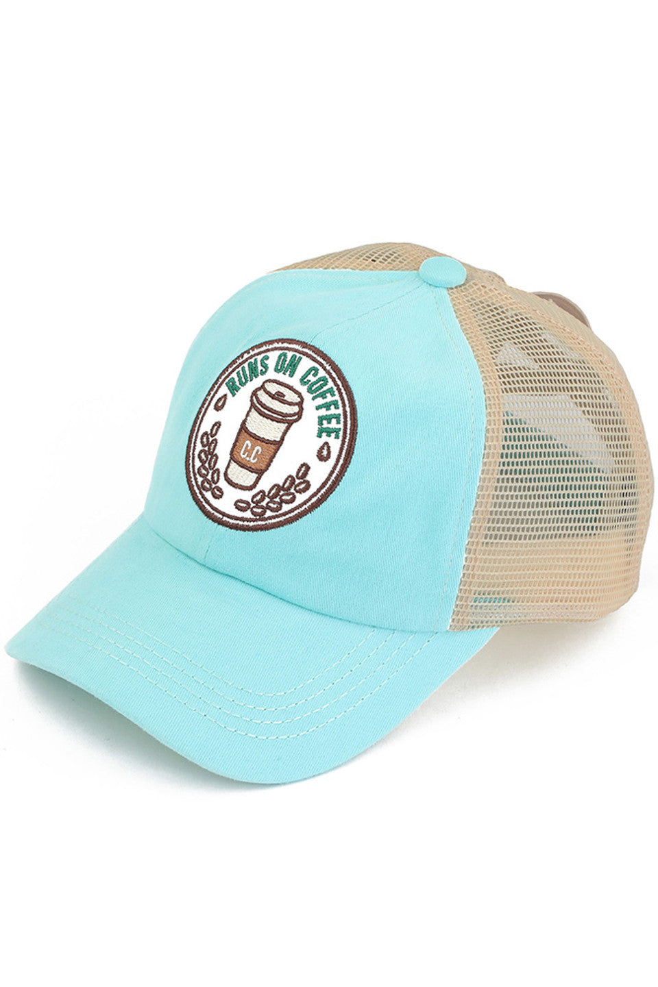 C.C RUNS ON COFFEE Patch Criss Cross Pony Cap