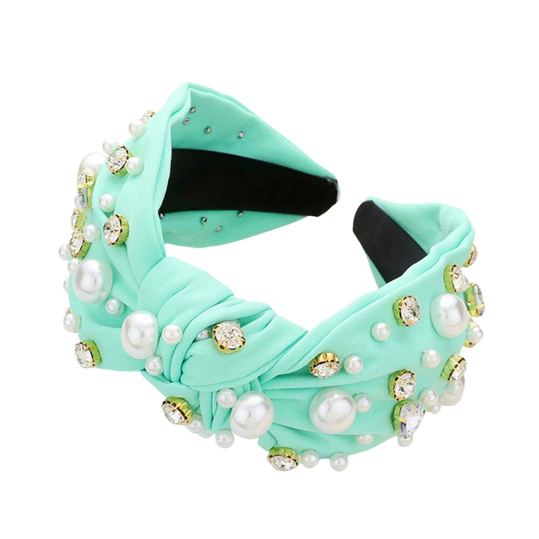 Pearl Round Stone Embellished Knot Burnout Headband