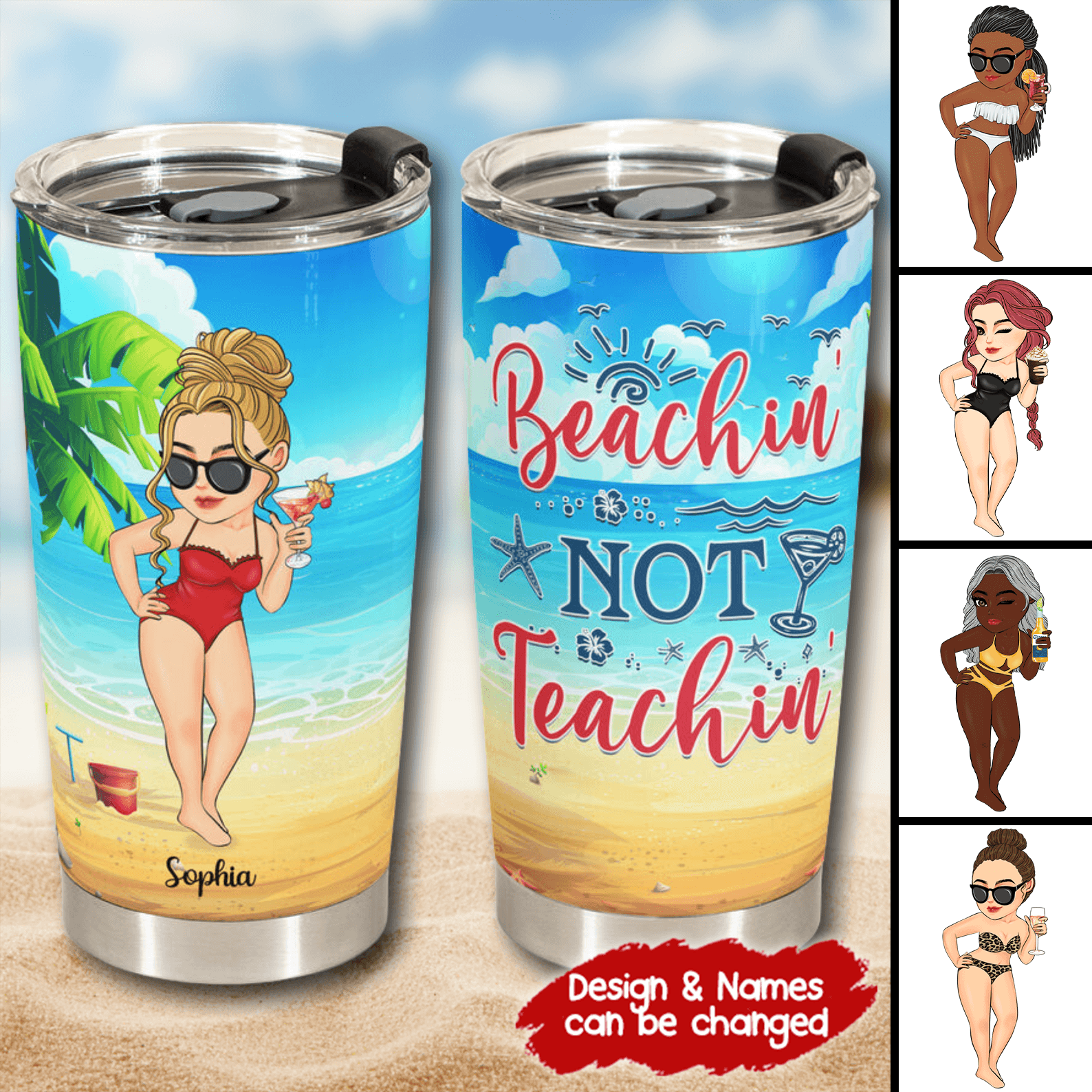 Beaching Not Teaching, Teacher Off Duty - Personalized Custom 20oz Fat Tumbler Cup - Summer Break, Last Day Of School, Birthday, Loving, Funny Gift for Teacher, Kindergarten, Preschool, Pre K, Paraprofessional