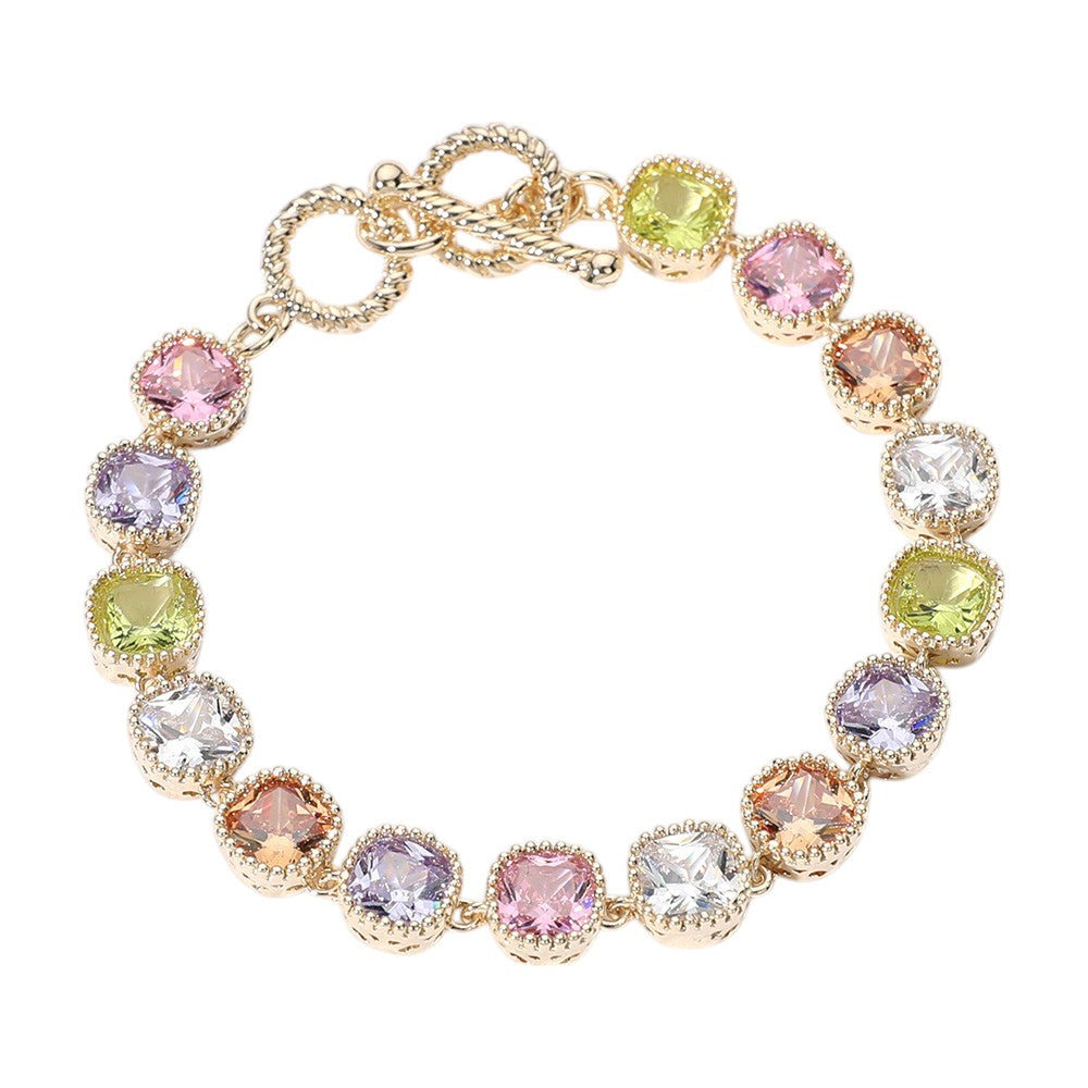 14K Gold Plated Square CZ Stone Link Evening Toggle Bracelet