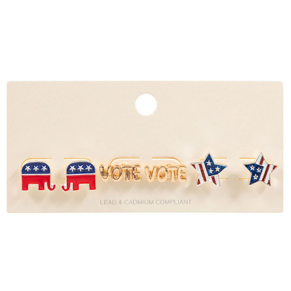 3Pairs - Enamel VOTE Republican Elephant Stud Earring Set