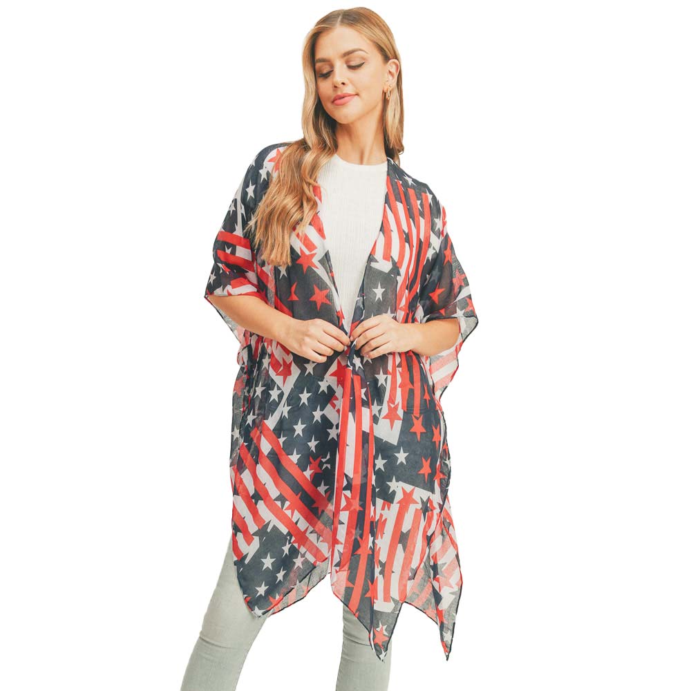 American Flag Printed Cover Up Kimono Poncho