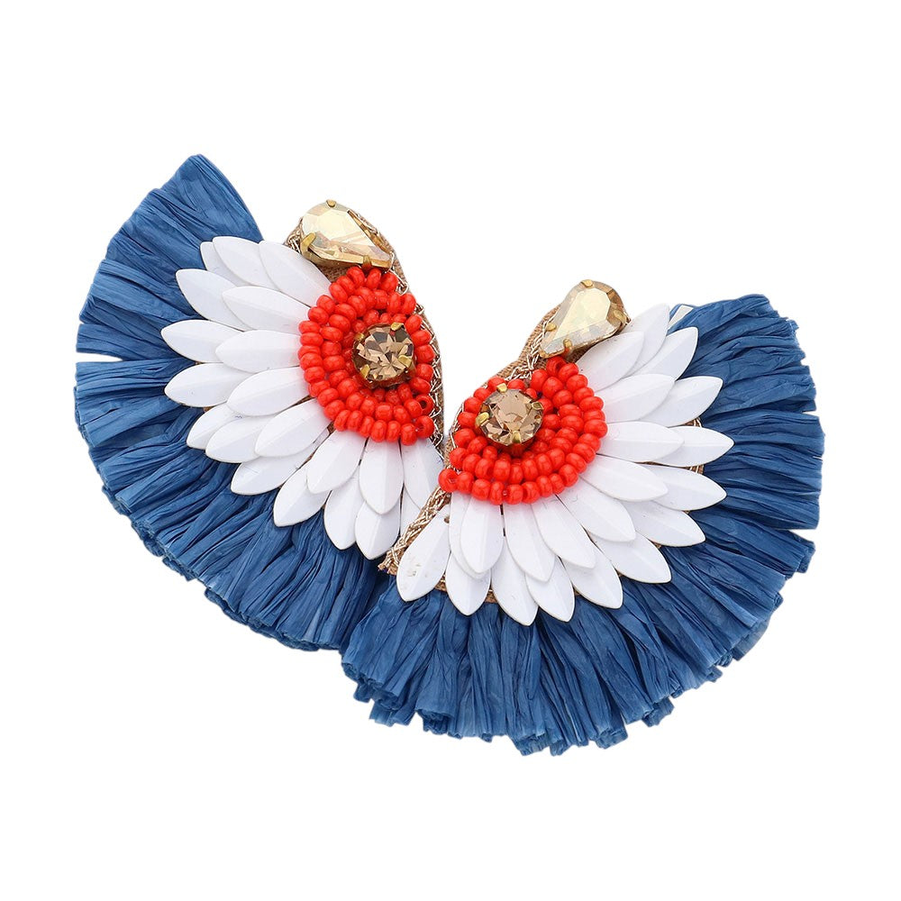 American USA Flag Colored Stone Pointed Raffia Wing Earrings