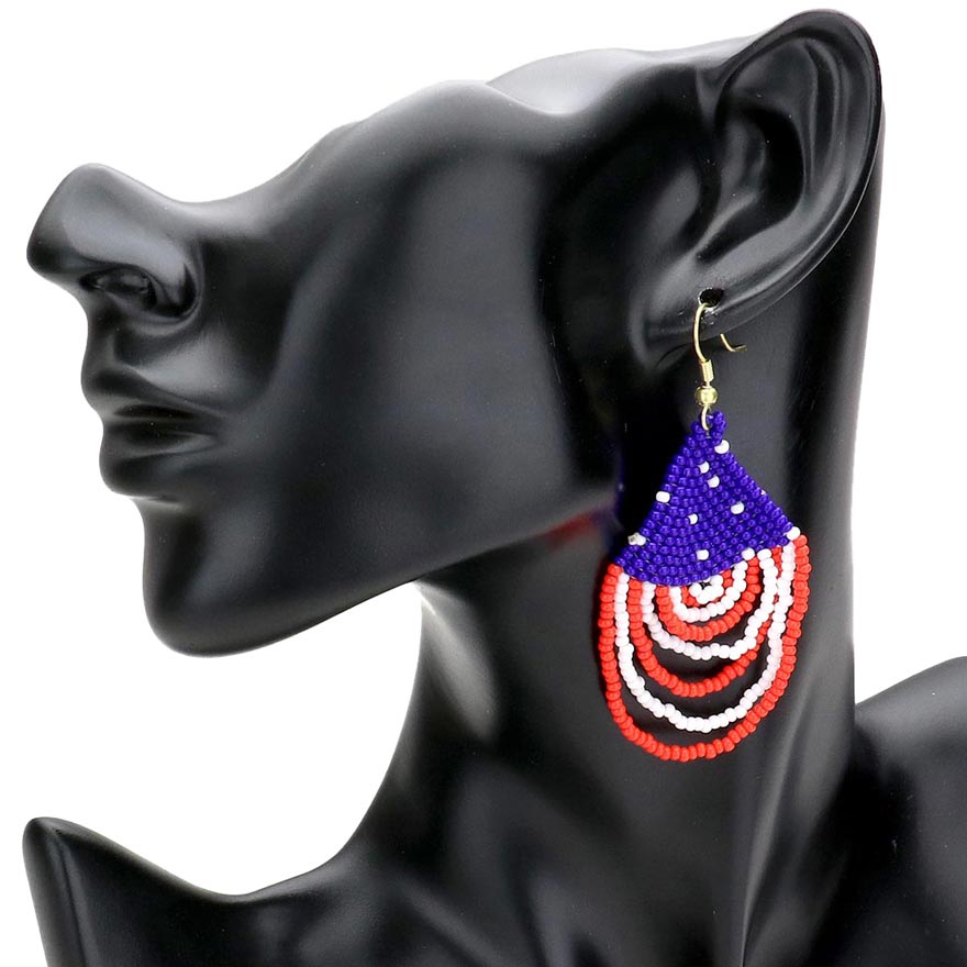 American USA Flag Draped Seed Beaded Dangle Earrings