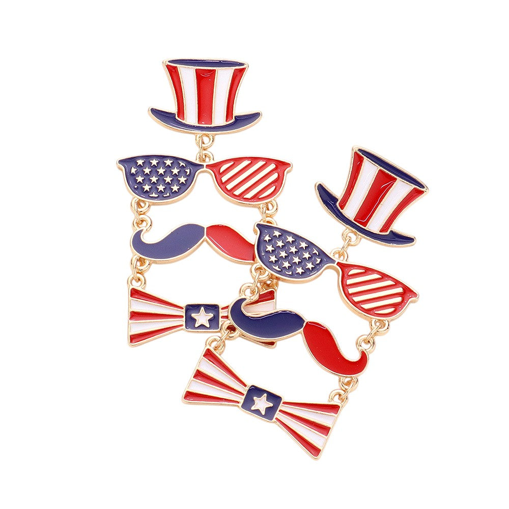 American USA Flag Hat Sunglasses Mustache Bow Link Dangle Earrings